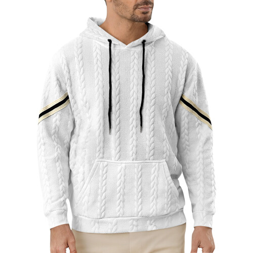 (White, M) Men's Lightweight Hooded Jacquard Patchwork Sweatshirt