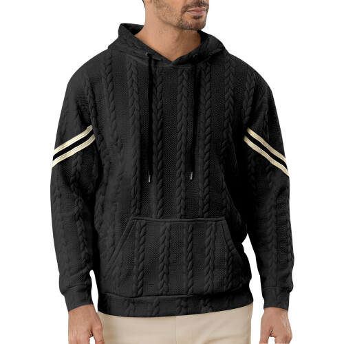 (black, L) Men's Lightweight Hooded Jacquard Patchwork Sweatshirt