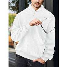 (White, XXL) Men's Casual Loose-Fit Solid Color Lapel Jacquard Plaid Sweatshirt