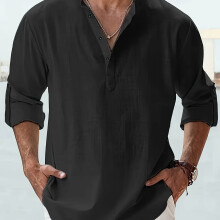 (black, XL) Spring Men's Loose Casual Shirt, Trendy Stand Collar Cotton Linen Long Sleeve, Plus Size