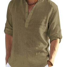 (military green, XL) Chemise décontractée ample pour homme, col montant tendance, manches longues, en coton et lin, grandes tailles disponibles.