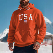 (Orange-red, XXXL) Felpa con cappuccio in pile ricamata da uomo