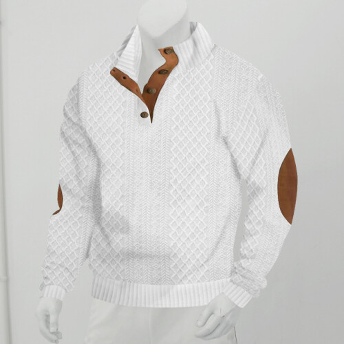 (White, S) Autumn/Winter Men's Jacquard Knit Pullover Button-Up Sweatshirt