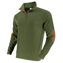 (military green, S) Herbstliches Western-Cowboy-Sweatshirt mit Jacquard-Muster, geripptem Stehkragen und Stehkragen für Herren