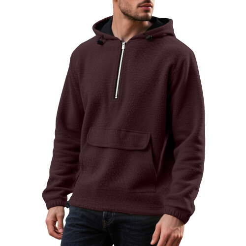 (Claret, L) Half-Zip Thickened Hoodie with Patch Pockets
