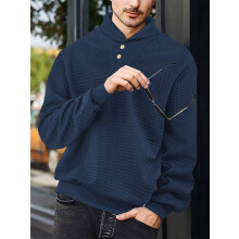 (Navy blue, XXL) Felpa casual da uomo con risvolto in jacquard scozzese, vestibilità ampia e tinta unita