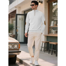 (White, M) Felpa sportiva casual da uomo in jacquard con colletto abbottonato