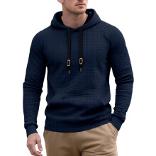 (Navy blue, XXL) Men's Hooded Jacquard Pocket Sweatshirt, Small Check Quilted Fabric