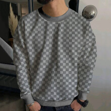 (grey, M) Maglione girocollo da uomo in jacquard pesante a scacchi