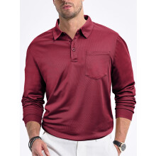 (Claret, XL) Men's Casual Loose-Fit Button-Down Solid Color Long-Sleeve Mesh Collar Shirt