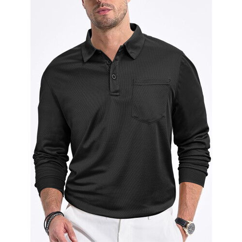 (Black, M) Men's Casual Loose Long Sleeve Mesh Collar Button-Down Solid Shirt