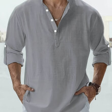 (Light gray, S) Camicia casual ampia da uomo primaverile, alla moda, in cotone e lino, con colletto alto, a maniche lunghe, taglie forti