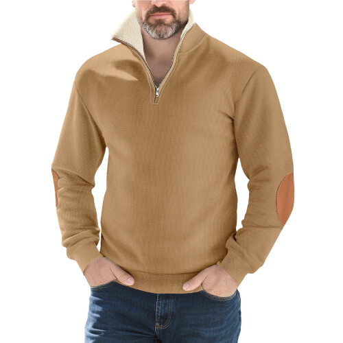(Khaki, XL) Retro Patchwork Embroidered Half-Zip Men's Long Sleeve Sweatshirt