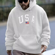 (White, L) Men's Embroidered Hooded Fleece Sweatshirt