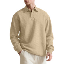 (Khaki, L) 26 Men's Textured Jacquard Solid Button-Down Shirt, Lapel, Long Sleeve, Loose Fit Sweatshirt