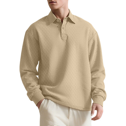(Khaki, L) Men's Textured Jacquard Solid Button-Up Long Sleeve Loose Sweatshirt