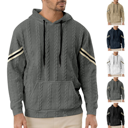(black, L) Men's Lightweight Hooded Jacquard Patchwork Sweatshirt 1