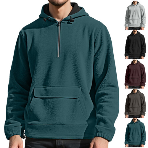 (Denim Blue, L) Half-Zip Thickened Hoodie with Patch Pockets 1