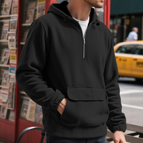 (Denim Blue, L) Half-Zip Thickened Hoodie with Patch Pockets 2