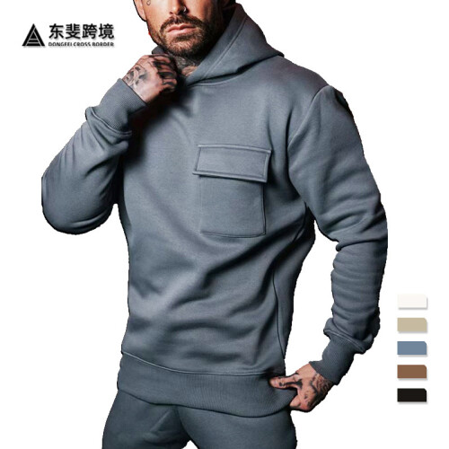 (Caramel color, S) Men's Plus Size Hooded Pullover Sweatshirt with Patch Pockets 1