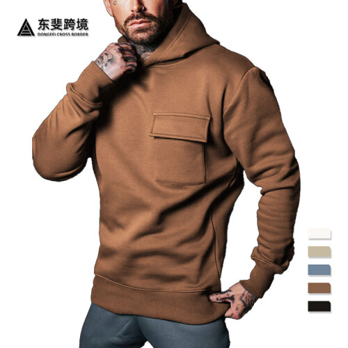 (Caramel color, S) Men's Plus Size Hooded Pullover Sweatshirt with Patch Pockets 2