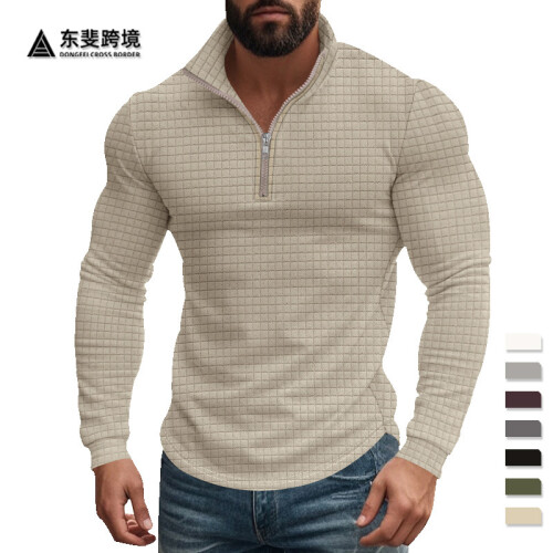 (White, M) Men's Checkered Half-Zip Sweatshirt Stand Collar Long Sleeve Top 1