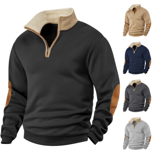 (black, S) Retro Patchwork Embroidered Half-Zip Men's Long Sleeve Sweatshirt 1