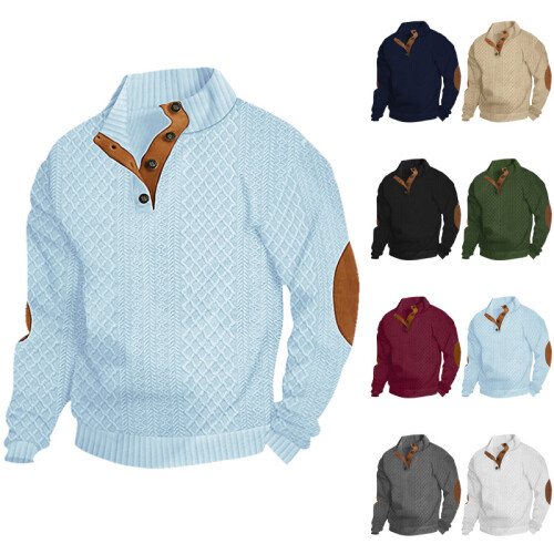 (White, S) Autumn/Winter Men's Jacquard Knit Pullover Button-Up Sweatshirt 1