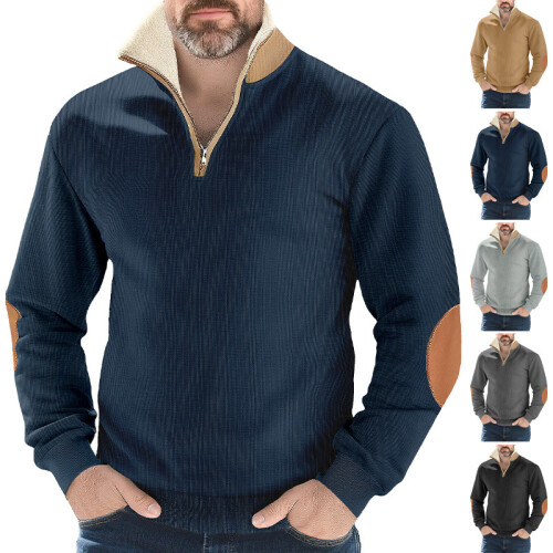 (Khaki, L) Retro Patchwork Embroidered Half-Zip Men's Long Sleeve Sweatshirt 1