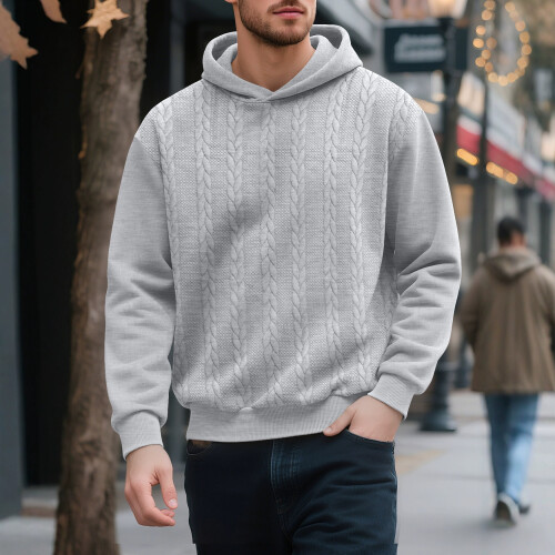 (black, L) Men's Plus Size Thickened Jacquard Hooded Sweatshirt 1