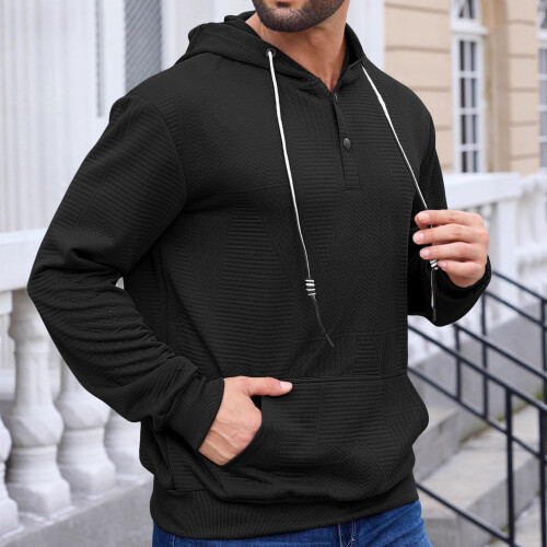 (yellow, L) Men's Solid Jacquard Hooded Half-Zip Sweatshirt 2