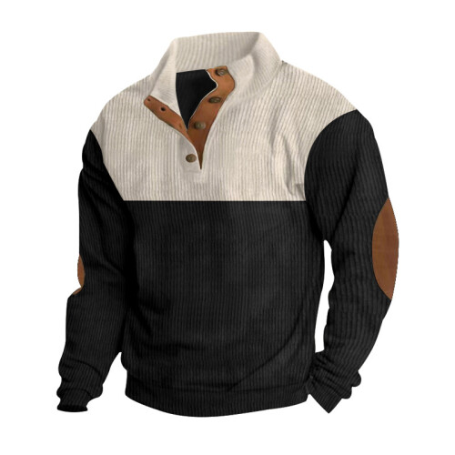 (grey, L) Plus Size Men's Corduroy Stand Collar Color Block Sweatshirt 1