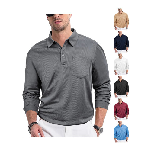 (grey, S) Men's Casual Loose-Fit Button-Down Solid Color Long-Sleeve Mesh Collar Shirt 1