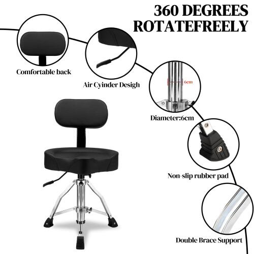 Adjustable Height Hydraulic Drum Stool Seat Saddle Drum Throne w/ Backrest Black