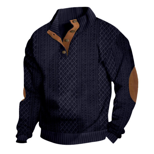 (Navy blue, S) Autumn/Winter Men's Jacquard Knit Pullover Button-Up Sweatshirt