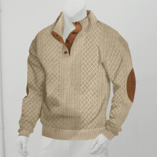 (Khaki, L) Herren-Pullover mit Jacquard-Strickmuster und Knopfleiste für Herbst/Winter