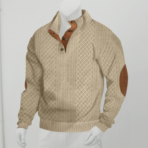 (Khaki, L) Autumn/Winter Men's Jacquard Knit Pullover Button-Up Sweatshirt