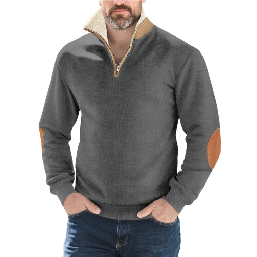 (Dark gray, S) Retro Patchwork Embroidered Half-Zip Men's Long Sleeve Sweatshirt