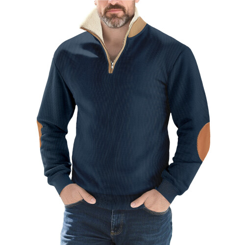 (Navy blue, XL) Retro Patchwork Embroidered Half-Zip Men's Long Sleeve Sweatshirt