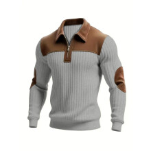 (Gray, XXL) Strikket skjorte med nedfellbar krage, skjøtebroderi, uformell, pendler, sport, høst, vinter, glidelåsgenser