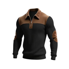 (Black, XXL) Strickshirt mit Umlegekragen, aufgesetzter Stickerei, lässiges Sweatshirt mit Reißverschluss für Pendler und Sportler, Herbst/Winter