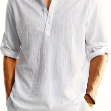 (White, XL) Camicia casual ampia da uomo primaverile, alla moda, in cotone e lino, con colletto alto, a maniche lunghe, taglie forti