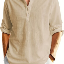 (Khaki, XL) Spring Men's Loose Casual Shirt, Trendy Stand Collar Cotton Linen Long Sleeve, Plus Size
