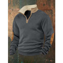 (Dark gray, XXXL) Felpa da uomo a maniche lunghe con mezza zip e ricamo patchwork retrò