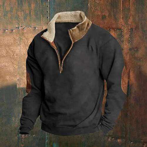 (black, XL) Retro Patchwork Embroidered Half-Zip Men's Long Sleeve Sweatshirt