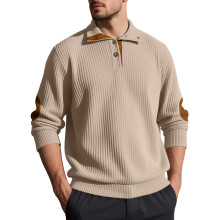 (Khaki, XXXL) Men's Embroidered Jacquard Stand Collar Sweatshirt