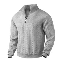 (grey, XL) Retro-Patchwork-Jacquard-Pullover mit Reißverschluss, schweres Strick-Sweatshirt
