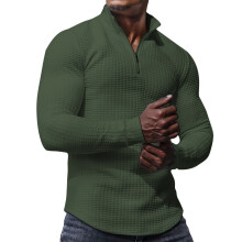 (military green, L) Herren-Sweatshirt mit Karomuster, halbem Reißverschluss, Stehkragen und langen Ärmeln