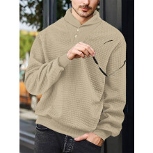 (Khaki, M) Men's Casual Loose-Fit Solid Color Lapel Jacquard Plaid Sweatshirt