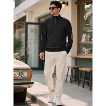 (black, XL) Men's Jacquard Casual Sports Sweatshirt with Button-Down Collar